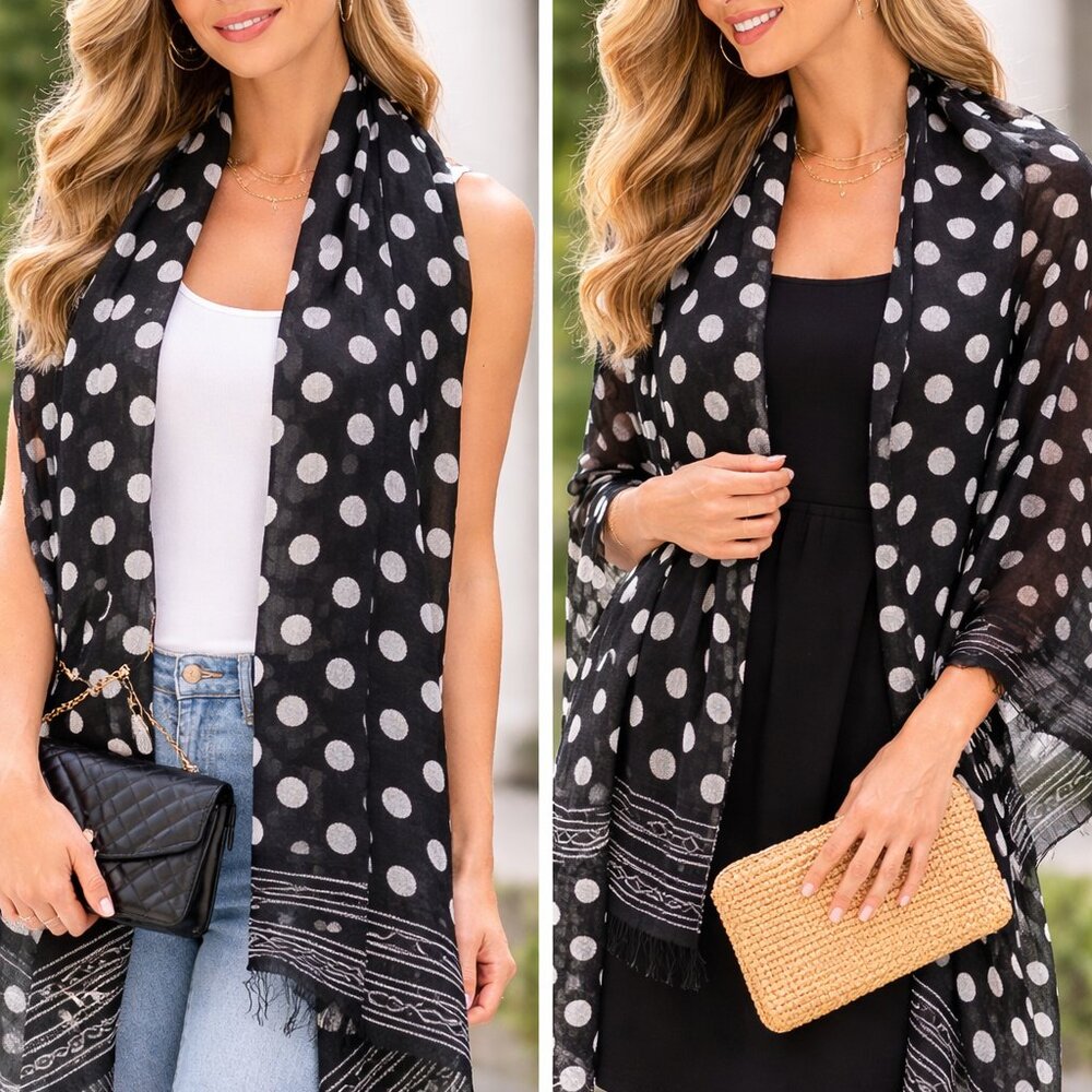 NWOT Black White Polka Dot Scarf Wrap | Lightweight Gauze Shawl 35x70